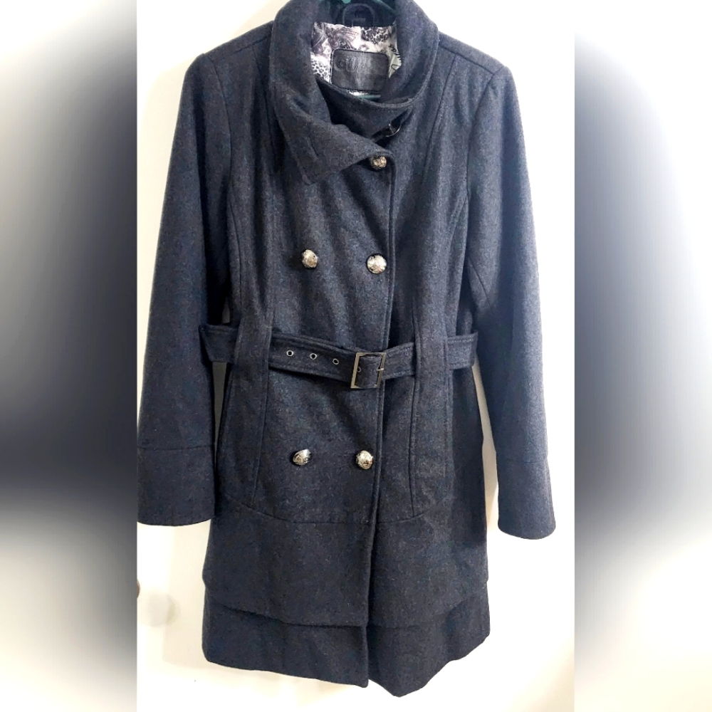 Guess wool blend double breastfed ruffled pea coat